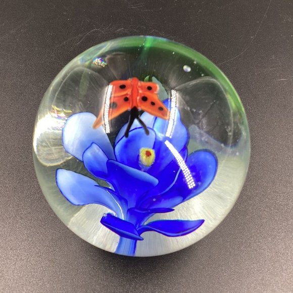 LSArts Art Glass Paperweight Blue with Red butterfly  Paper Weight - Picture 4 of 9